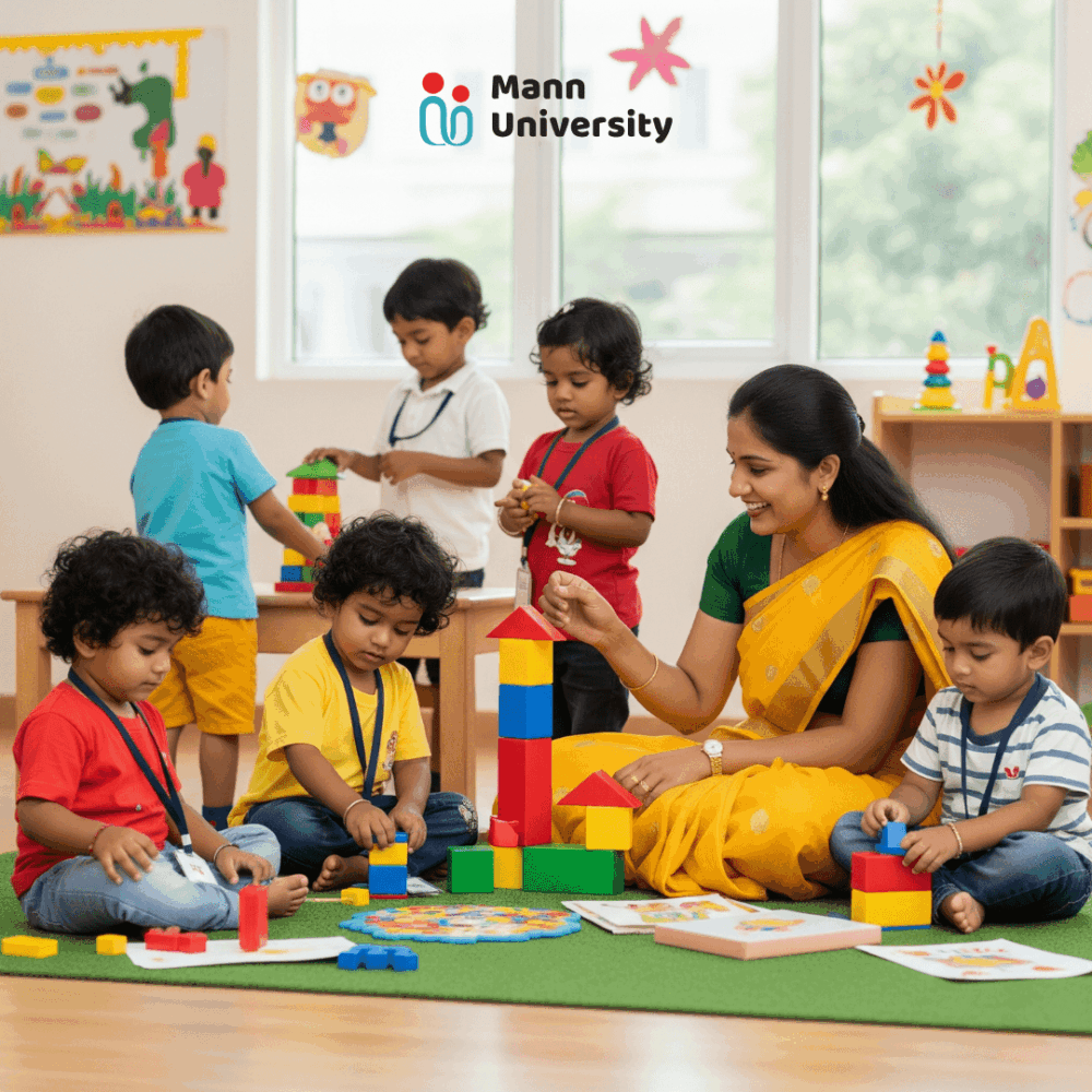 A caring preschool teacher in a yellow saree sits on the floor with a group of young children, guiding them through a play-based learning activity with colorful building blocks at the Mann University early learning center.