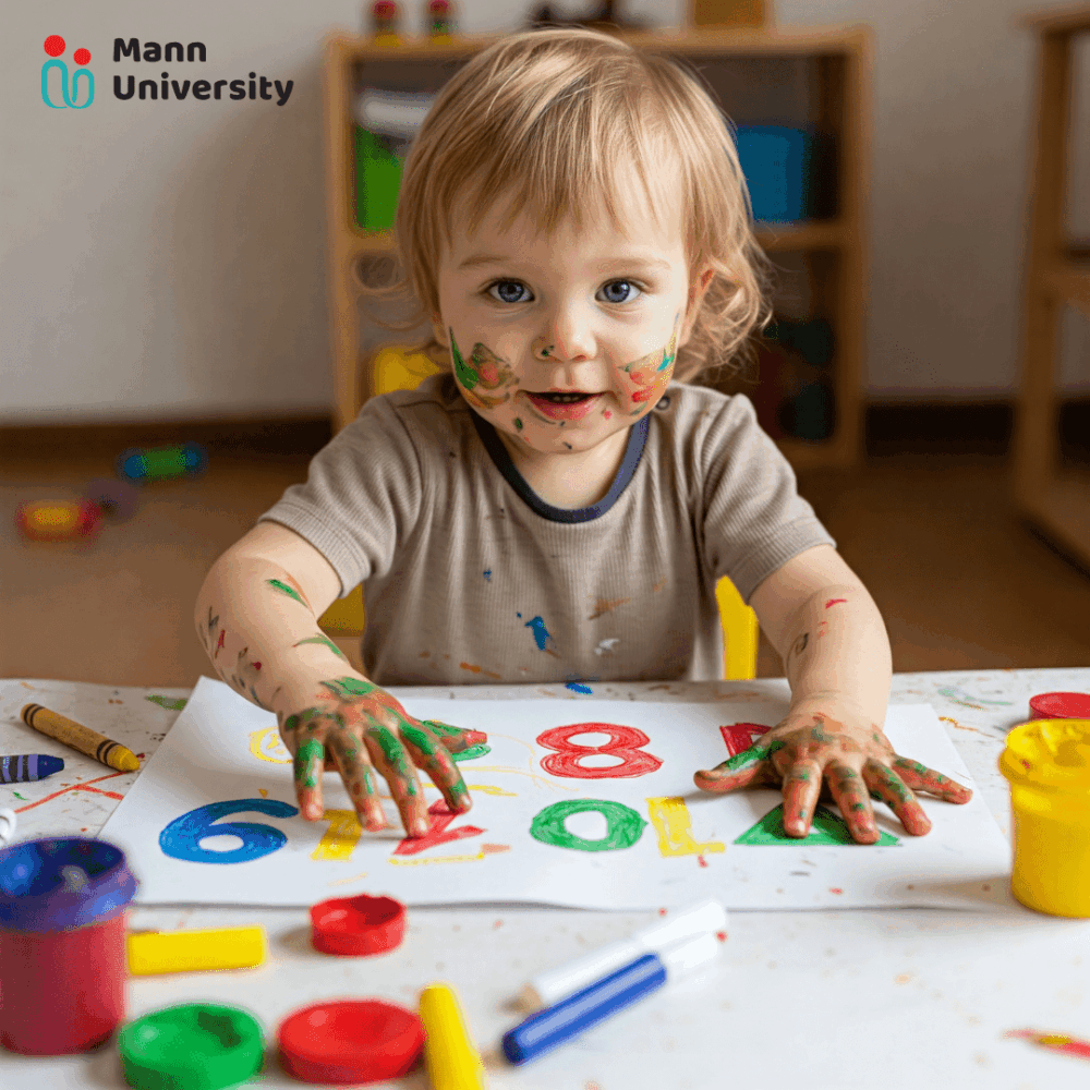 Toddler (around 2 years old) happily gluing pre-cut paper shapes onto paper, with a caregiver pointing nearby, suggesting guidance for creating a picture using specific numbers of items.