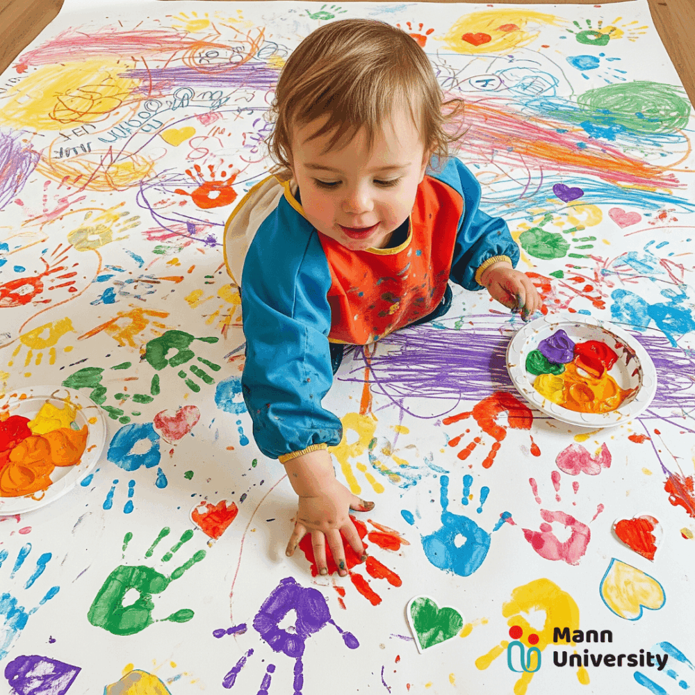 A happy 24-month-old child with paint on their hands, placing a colorful handprint on a large sheet of paper on the floor that has hearts and scribbles on it.