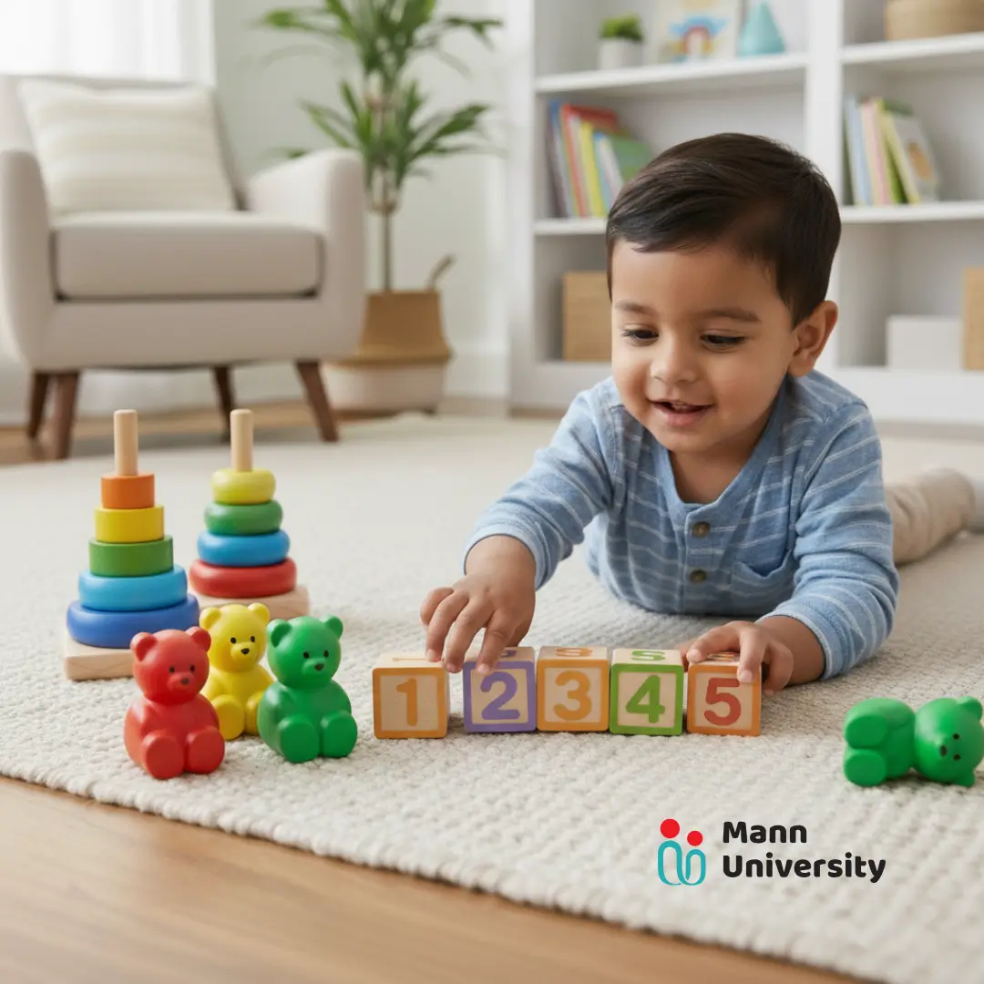 A 2-year-3-month-old child's hands playing with colorful wooden number blocks, symbolizing a fun developmental program for 2-year-3-month-old children focusing on early math skills.
