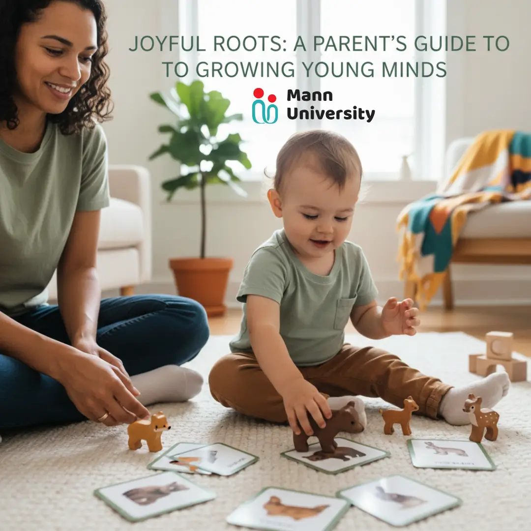 A smiling mother and her happy toddler engage in toddler learning activities on a living room floor. They are matching small wooden animal toys to corresponding animal flashcards, demonstrating a fun approach to early childhood education. The image includes the text "Joyful Roots: A Parent's Guide to Growing Young Minds" and the Mann University logo.