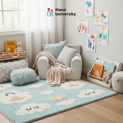 A serene children's playroom created by Mann University, featuring a cozy armchair and books. This image serves as a visual guide for an article on why toddler biting, hitting, and pushing happens and provides parenting tips on how to stop it by fostering a calm environment that supports positive child development.